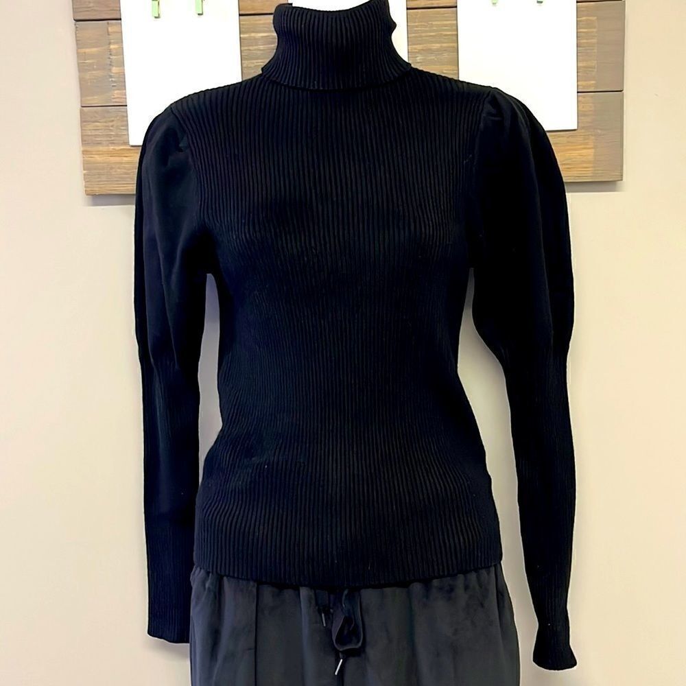 Lucca Women’s Black Turtleneck Ribbed Sweater Bubble Long Sleeves- Medium